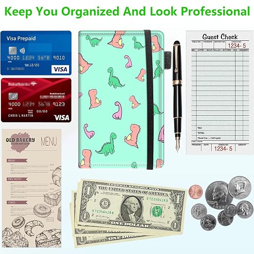 Server Books for Waitress, 5x9 Inch Waitstaff Server Order Pads, 11 Large Pockets, Cute PU Leather Waitress Book Server Wallet with Elastic Band Fit Server Apron,Cute Dinosaur - Image 5