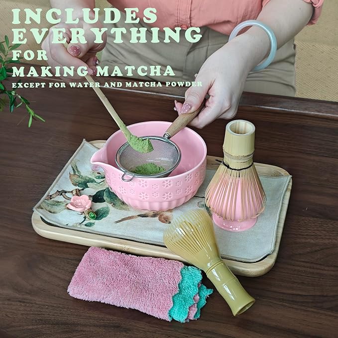HAVIREST 10 pcs Matcha Whisk Set, Ceramic Bowl and Whisk Stand Spoon Holder Sifter Mat Towel, Japanese Ceremonial Grade Macha Tea Tools Kit, Gift for Women Match Starter Lover (Pink)