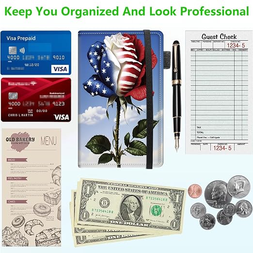 Server Books for Waitress, 5x9 Inch Waitstaff Server Order Pads, 11 Large Pockets, Cute PU Leather Waitress Book Server Wallet with Elastic Band Fit Server Apron,USA Flag Rose - Image 5