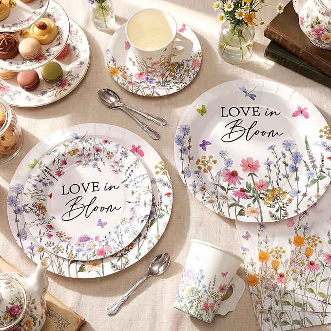 Pickmesh 252 Pcs Love in Bloom Tea Party Supplies for 36 Guests Wildflower Paper Disposable Dinnerware Flower Teacup with Handle and Saucers Set for Tea Party Decorations Birthday Baby Shower Wedding