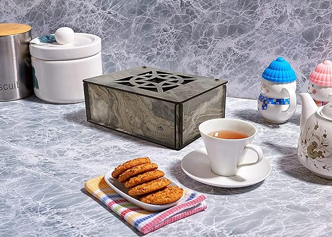 RoyalHouse Premium Wood (Hard MDF) Tea Storage Box Organizer (Grey Marble), Eco-Friendly Multi-Functional Decorative Box, 9 Compartments For Assorted Variety Of Tea Bags and Small Items