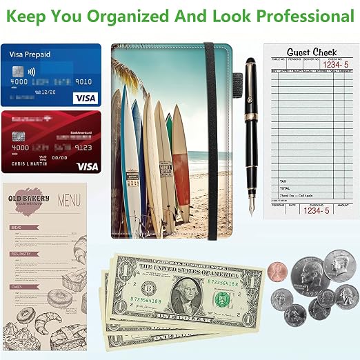 Server Books for Waitress, 5x9 Inch Waitstaff Server Order Pads, 11 Large Pockets, Cute PU Leather Waitress Book Server Wallet with Elastic Band Fit Server Apron,Surfboards - Image 5
