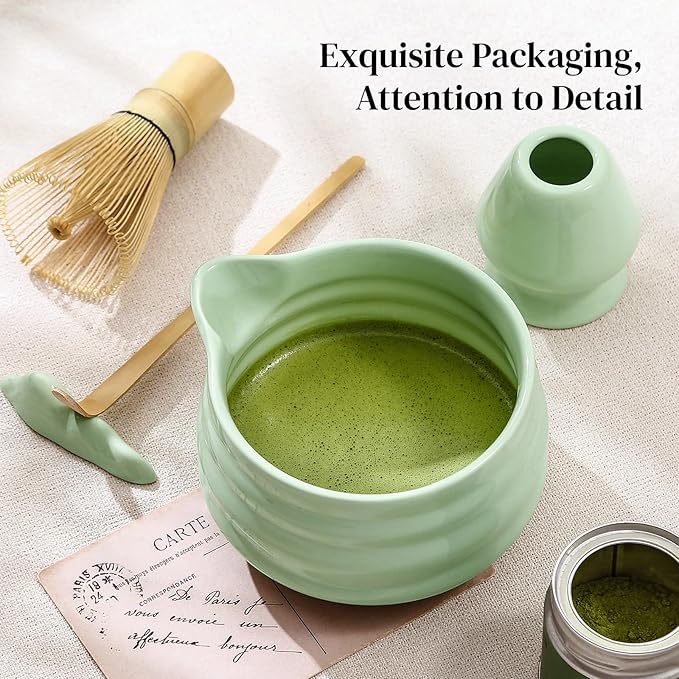 DOWAN Matcha Whisk Set, 7 Pcs Matcha Set Includes Bowl with Spout, Whisk and Holder, Bamboo Scoop and Holder, Sifter and Tea Towel - Matcha Kit Gift for Lovers Beginners (Green)