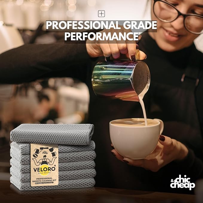 Veloro Espresso Cleaning Kit – Restore Coffee Flavor Fast – 6 Microfiber Barista Towels + Group Head Brush with Scoop – Lint-Free Cloths for Steam Wand, Portafilter & Coffee Machines (12x12”) - Image 9