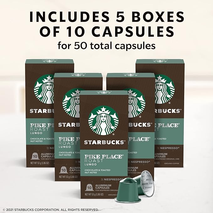 Starbucks by Nespresso Original Line, Pike Place, Medium Roast Coffee, 50-count Espresso Pods