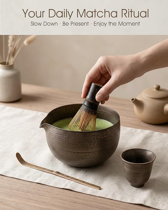 Matcha Whisk Set, 4-Piece Matcha Kit with Handmade Ceramic Bowl, 100-Prong Bamboo Whisk & Holder, Tea Scoop– Premium Matcha Tea Set for Beginners & Tea Lovers, Gift Ready