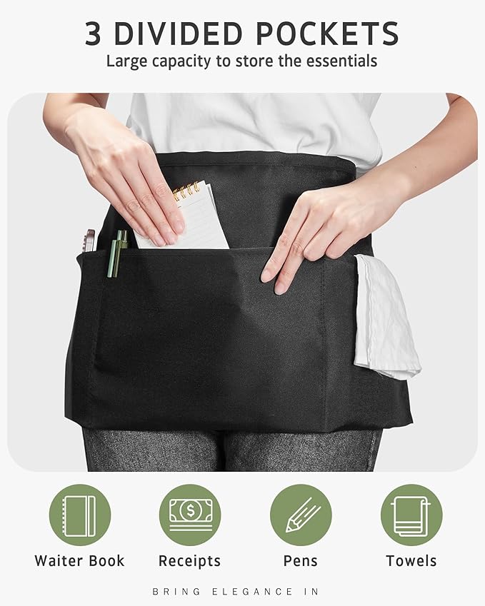 Syntus Server Apron for Men Women, Waitress Waist Apron, Black 1/3/12 Packs