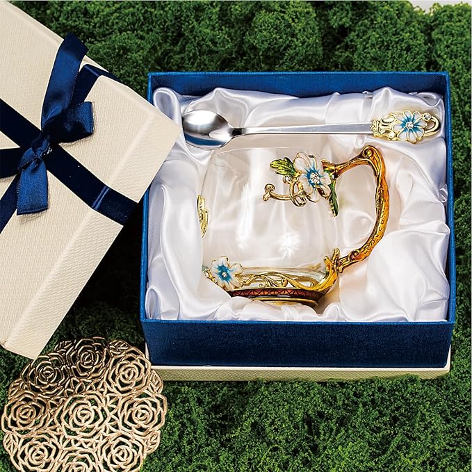 Flower Tea Cup ,Butterfly Daisy Clear Glass Fancy Coffee Mug with Spoon,Gift Box, Hot And Cold Drinks Use,For Her Mom Wife Grandma Girls Friends Valentines Christmas Birthday Present Idea for Juice