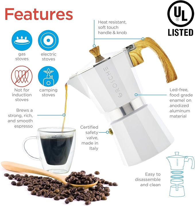 GROSCHE Milano 6 espresso cup white moka pot & 3 spare stove top espresso maker gaskets & 1 spare filter screen & 1 spare moka pot funnel bundle