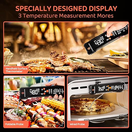 G.a HOMEFAVOR 3-in-1 Digital Meat Thermometer for Kitchen Cooking - Wired Probe, Instant Read Temperature with Infrared Thermometry for Pizza Making, BBQ, Air Fryer, Deep Fry, Roasting