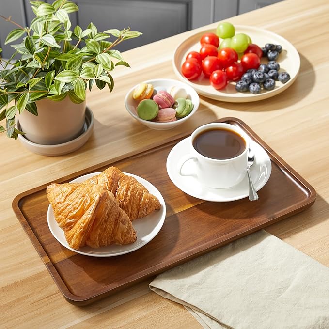 14 Inch Acacia Wood Serving Tray – Rectangular Wooden Decorative Tray for Food, Appetizers, Snacks, Desserts, Coffee Table, Bathroom, Entryway, Vanity, Home Decor Organizer