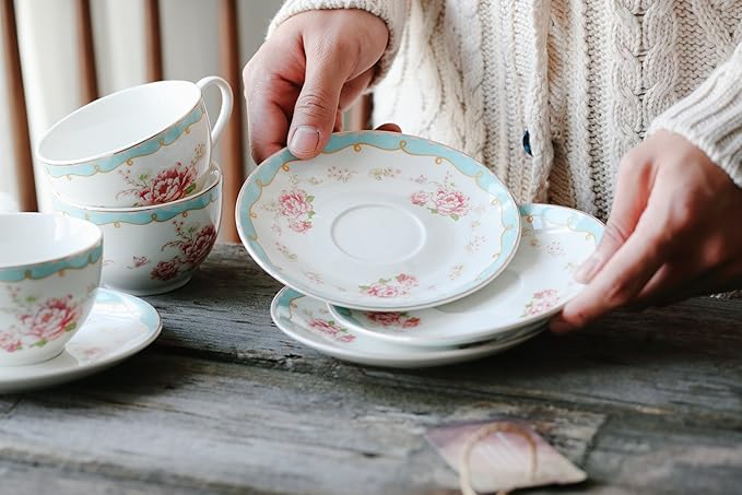 Jusalpha Serve of 4 Vintage Rose China Tea Cup/Coffee Cup Spoon and Saucer Set- 7 Oz, Afternoon Tea Set, Gift for Women TCS29(4)