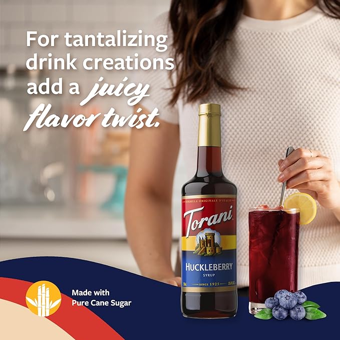 Torani Huckleberry Syrup for Drinks, Flavoring for Iced Tea, Lemonade, Sodas, and Cocktails, Pump Included, 25.4 Oz
