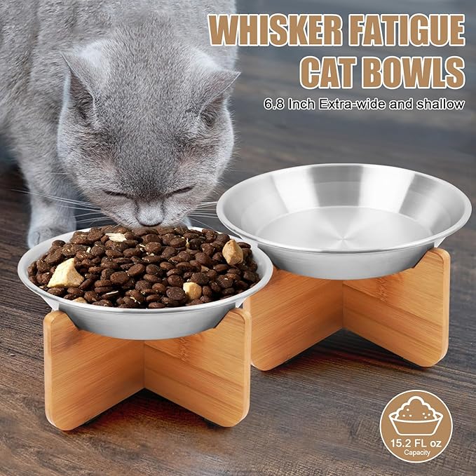 Elevated Cat Bowl with Bamboo Stand, 6.8" Extra Wide Shallow Raised Stainless Steel Cat Bowls Whisker Friendly