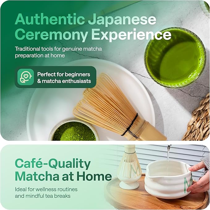 Matcha Whisk Set with 'matcha' Design - 6 Piece Ceramic Matcha Set with a Bowl, Whisk, Stand, Spoon and Sifter - Designed in the UK - Gift Set