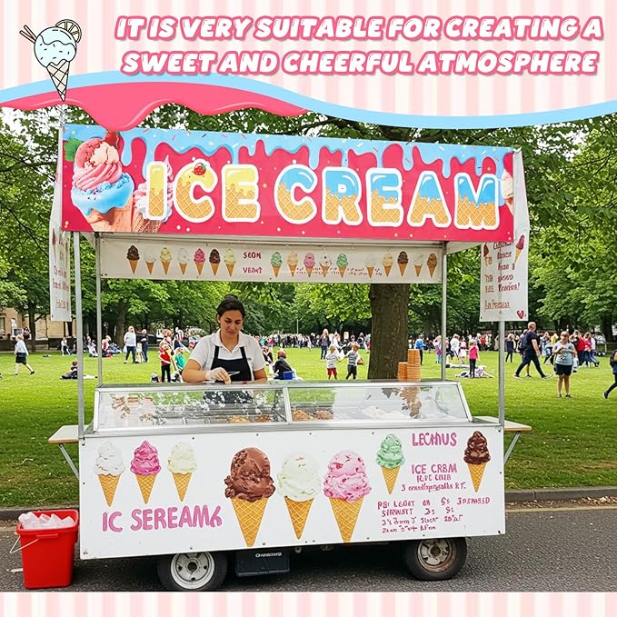 Tegeme Ice Cream Banners Sign 2 x 10 Feet Ice Cream Flag Oxford Fabric Banners with 10 Holes for Business Store Outside