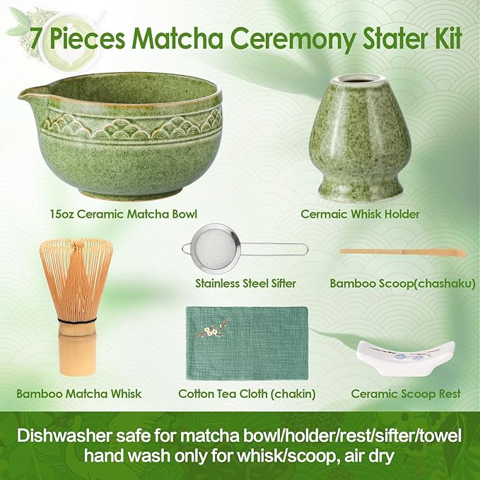 Matcha Whisk Set, ZBUFAN 7 Pcs Green Matcha Kit with Bamboo Whisk(Chasen) and Holder, Ceramic Matcha Bowl with Spout, Japanese Tea Set with Matcha Sifter and Scoop