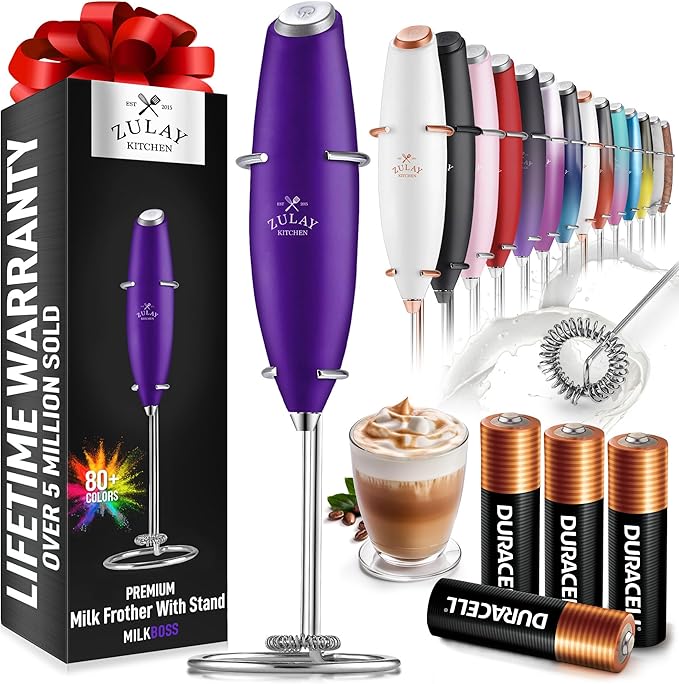 Zulay Kitchen Powerful Milk Frother Wand With 4 AA Duracell Batteries - Ultra Fast Handheld Drink Mixer - Electric Whisk Foam Maker for Coffee, Lattes, Cappuccino, Matcha & Creamer