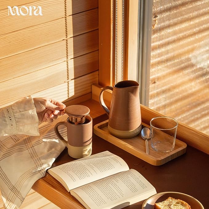 Mora Ceramics Tea Cup with Loose Leaf Infuser, Spoon and Lid 12 oz, Microwave and Dishwasher Safe Coffee Mug - Rustic Matte Ceramic Glaze, Modern Herbal Tea Strainer - Great Gift for Women, Terracotta