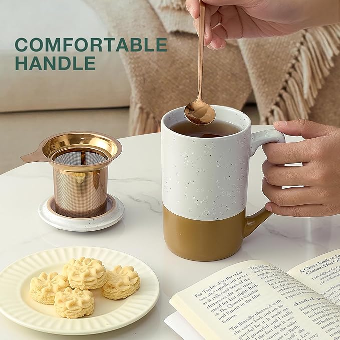 Ceramics Large Tea Cup with Loose Leaf Infuser, Spoon and Lid, 16 oz Tall Coffee Mug, Microwave and Dishwasher Safe, Rustic Matte Ceramic Glaze, Tea Strainer, Amber