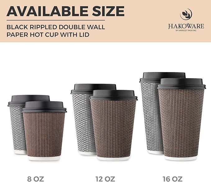 [400 SET]Harvest Pack 12 oz Disposable Coffee Cups, Insulated Ripple Double-Walled Paper Cup with Lid, Black and White Geometric, Tea Hot Chocolate Drinks To go coffee cups