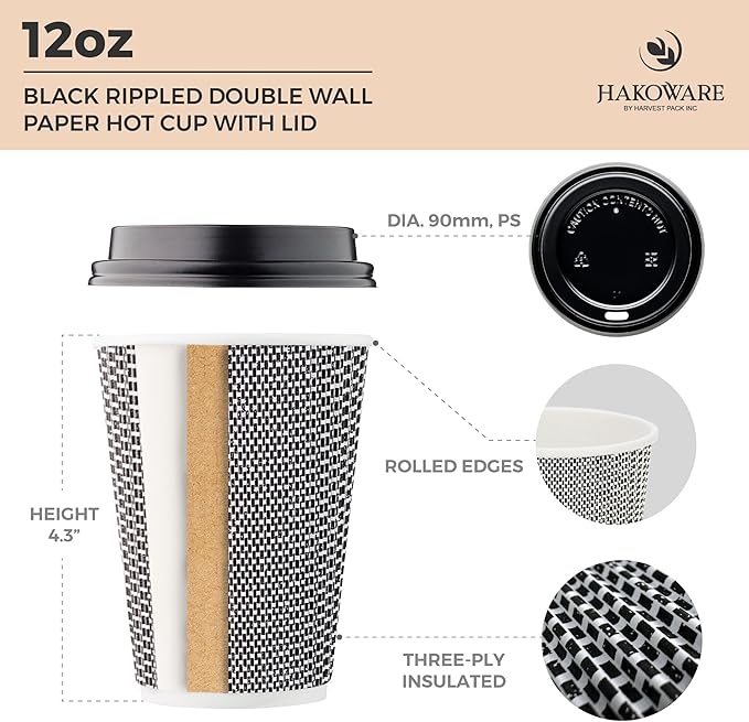 [100 SET]Harvest Pack 12 oz Disposable Coffee Cups, Insulated Ripple Double-Walled Paper Cup with Lids, Black and White Geometric, Tea Hot Chocolate Drinks To go coffee cups