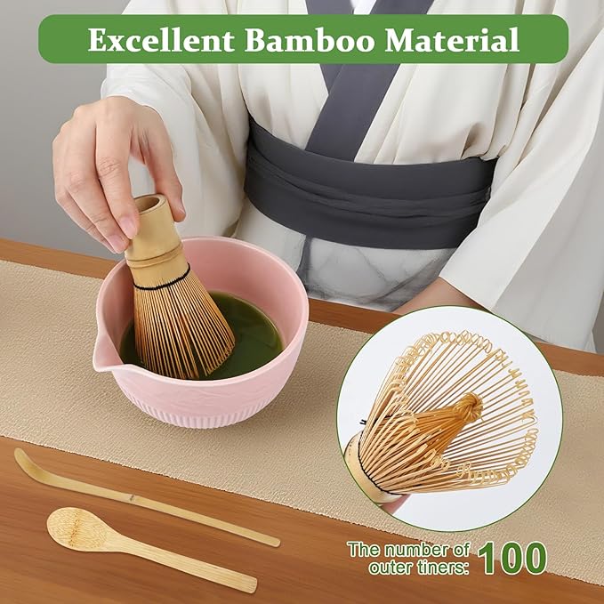 PHILORN Matcha Whisk Set, 9Pcs Ceramic Macha Kit, Matcha Set Whisk and Bowl with Spout, Whisks, Holder, Bamboo Scoop, Scoop Rest, Sifter and Tea Towel for Macha Lover (Pink)