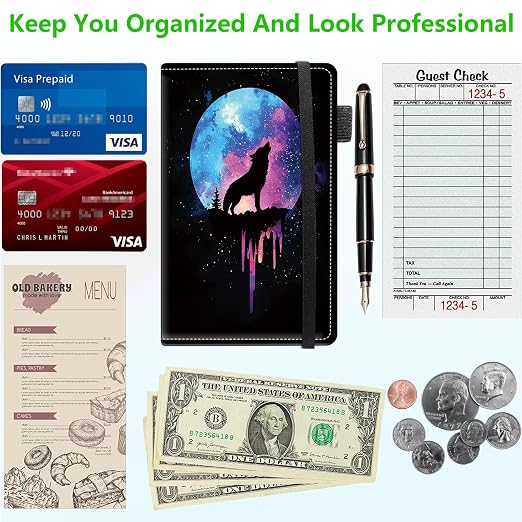 Server Books for Waitress, 5x9 Inch Waitstaff Server Order Pads, 11 Large Pockets, Cute PU Leather Waitress Book Server Wallet with Elastic Band Fit Server Apron,Wolf Howling at Moon - Image 5