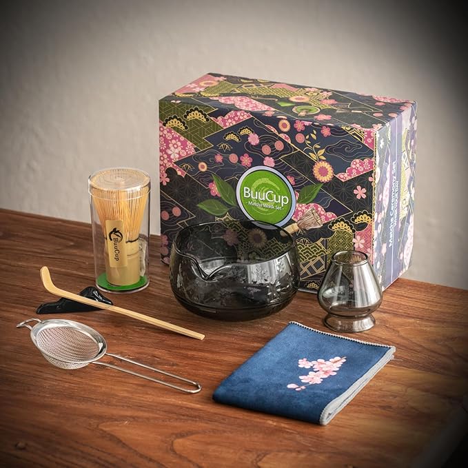Matcha Whisk Set, Glass Matcha Kit Set Includes Matcha Bowl, Matcha Whisk and Holder, Bamboo Scoop, Scoop Rest, Sifter and Tea Towel - 7 Pcs Matcha Kit for Matcha Lovers (Black Gray)