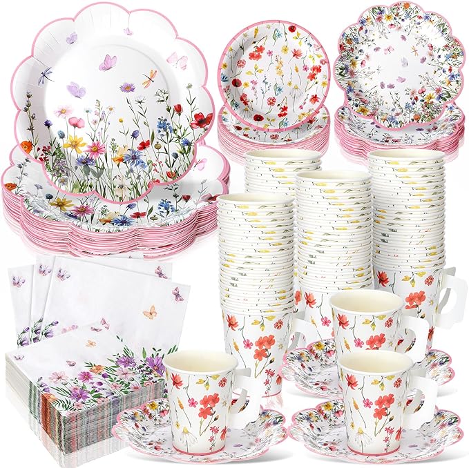 Pickmesh 252 Pcs Floral Tea Party Supplies for 36 Guests Wildflower Paper Disposable Dinnerware Floral Teacups with Handle and Saucers Sets for Tea Party Decorations Birthday Baby Shower Wedding