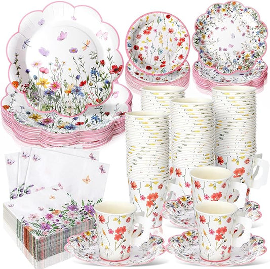 Pickmesh 252 Pcs Floral Tea Party Supplies for 36 Guests Wildflower Paper Disposable Dinnerware Floral Teacups with Handle and Saucers Sets for Tea Party Decorations Birthday Baby Shower Wedding