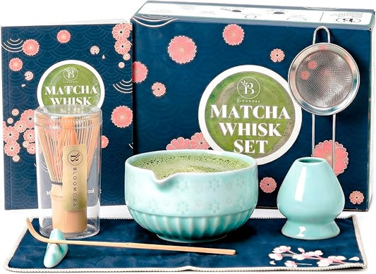 Matcha Whisk Set, Ceramic Matcha Set with Bowl, Bamboo Whisk, Scoop, Strainer, Scoop Rest, Holder, Cloth + Instruction Handbook – Traditional Japanese Tea Ceremony Kit