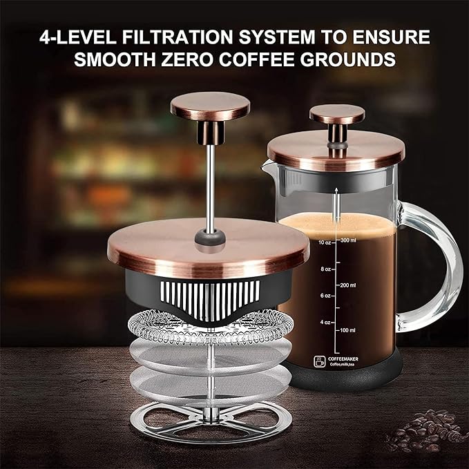French Press Coffee Maker 12 Ounce Espresso Tea Coffee Maker with 4 Filters System, Stainless Steel Plunger and Heat Resistant Borosilicate Glass BPA-Free Brewed Tea Pot Coffee Plunger