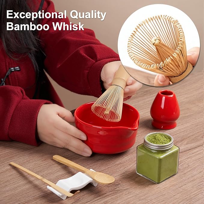 YOLIFE 7 Pcs Matcha Whisk Set, Includes Matcha Bowl with Spout, Bamboo Whisk (Chasen) with Ceramic Holder, Scoop and Powder Spoon, Sifter, Matcha Kit for Ceremony (Red)