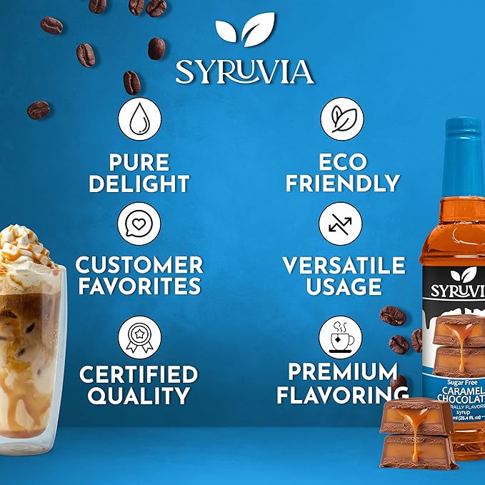 Syruvia Sugar Free Coffee Syrup, Caramel Chocolate Flavored Syrup for Drinks, Lattes and Desserts – 25.4 fl oz