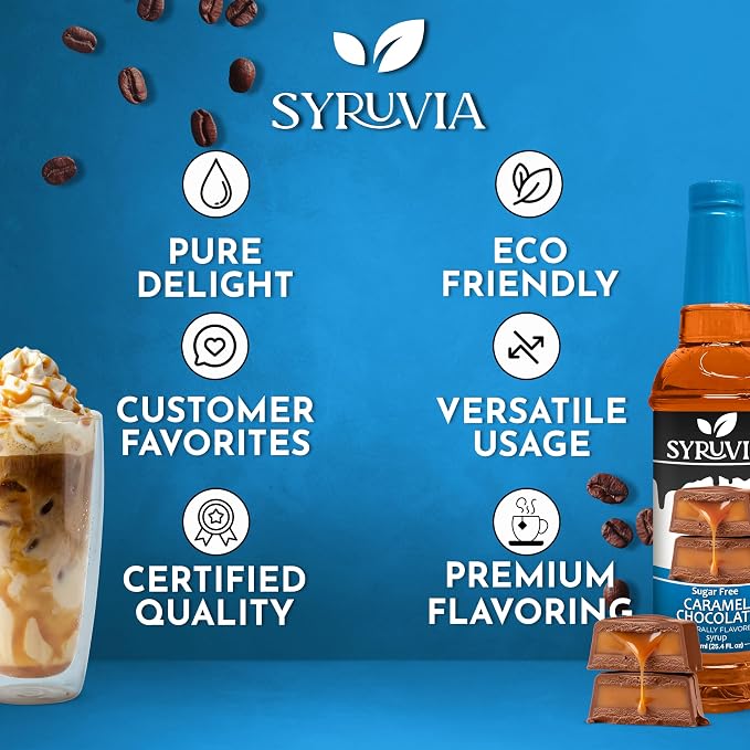 Syruvia Sugar Free Coffee Syrup, Caramel Chocolate Flavored Syrup for Drinks, Lattes and Desserts – 25.4 fl oz, With Pump - Image 5
