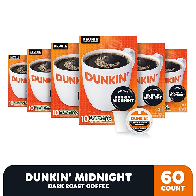 Dunkin' Midnight Dark Roast Coffee, 60 Keurig K-Cup Pods, (Pack of 12)