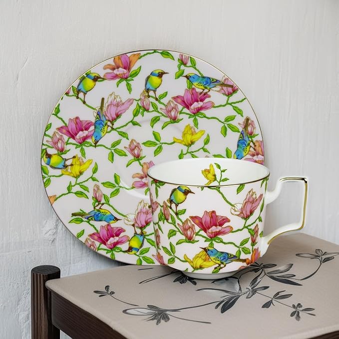 Vintage 8 Ounces Teacup and Saucers Set Floral Tea Cups Set Bone China TeaCups Coffee Tea Cup for Tea Party Women Mom (Pink)