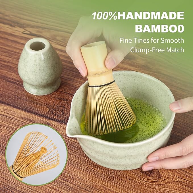 SIMPLETaste Matcha Whisk Set, 7 Pcs Ceramic Matcha Kit Includes Bowl, Whisk and Holder, Bamboo Scoop, Scoop Rest, Sifter and Tea Towel - Matcha Kit for Macha Lovers (Green)