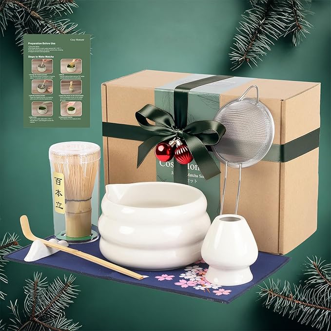 White Matcha Whisk Set, Ceramic Matcha Kit Set Valentine Gift Present Includes Matcha Bowl, Matcha Whisk and Holder, Bamboo Scoop, Scoop Rest, Sifter and Tea Towel - 7 Pcs Matcha Kit for Matcha Lovers