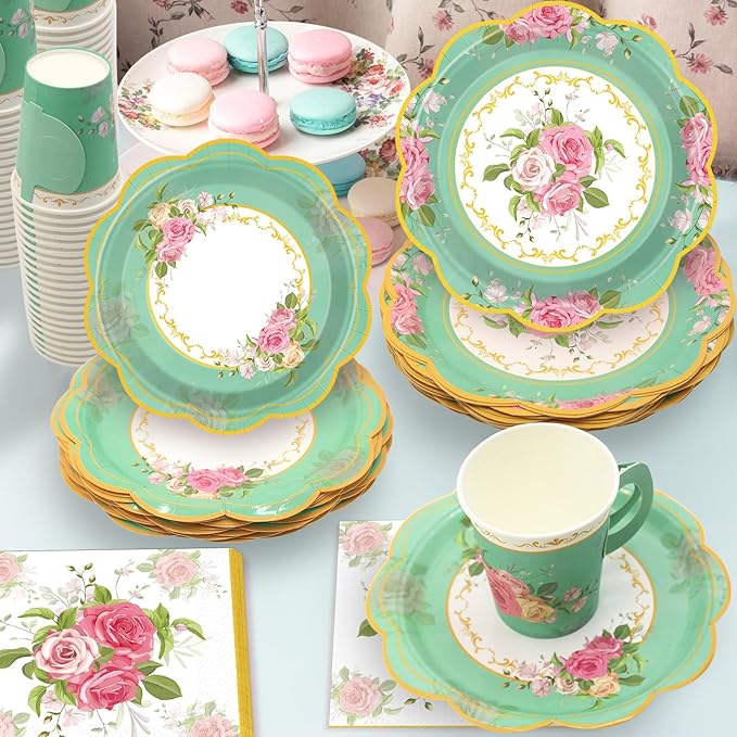 200Pcs Floral Tea Cups and Saucers for Tea Party Supplies, Disposable Tea Cups with Handle and Paper Napkins Dinnerware for Floral Theme Birthday Wedding Bridal Shower Baby Shower(Green)
