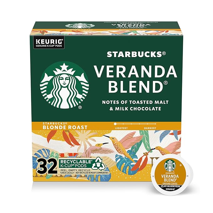 Starbucks K-Cup Coffee Pods, Starbucks Blonde Roast Hot or Iced Coffee, Veranda Blend, 32 Keurig Pods
