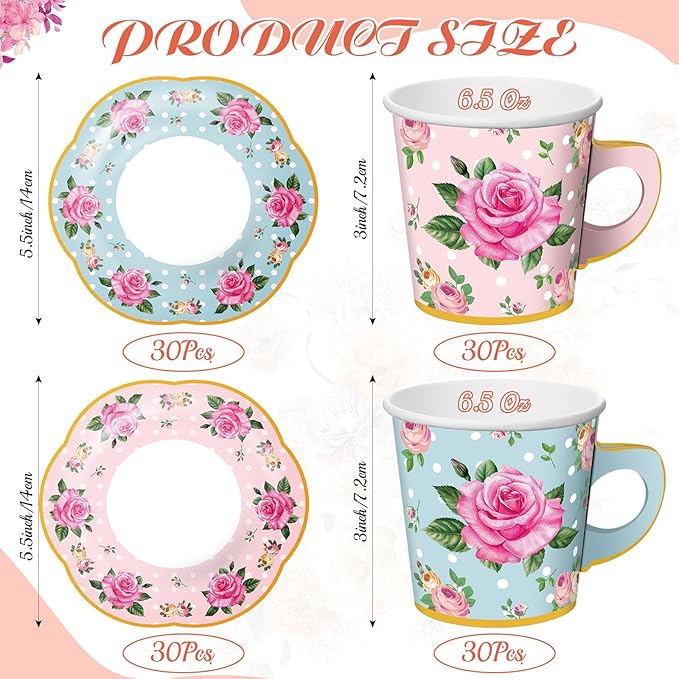Umigy 60 Sets Tea Party Decorations 6.5 oz Floral Paper Tea Cups with Handle and Plates Disposable Blossom Teacups and Saucers Sets for Girls Kids Birthday Garden Wedding Party Supplies(Pink, Blue)