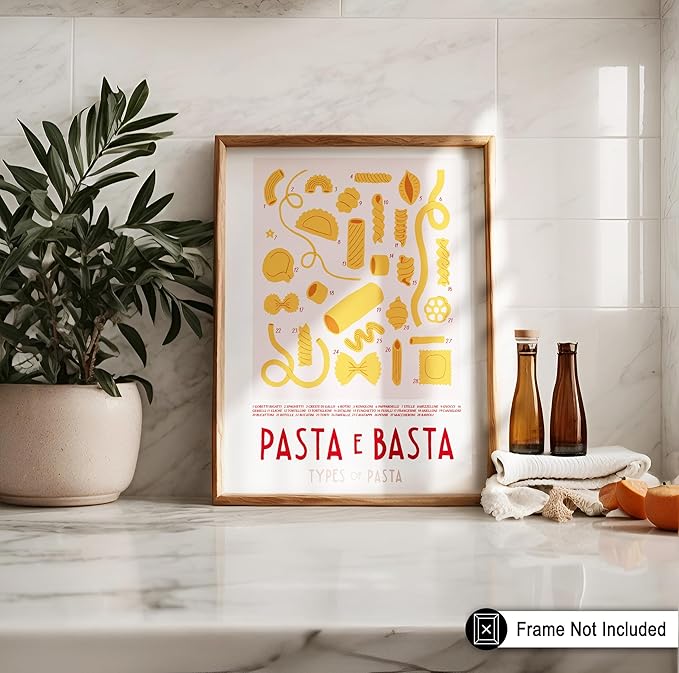 Poster Master Vintage Illustration Poster - Retro Food Print - Types of Pasta, Yellow, Spaghetti, Rotini, Penne - Gift for Artist, Chef - Wall Decor for Kitchen, Restaurant, 18x24 Unframed Wall Art