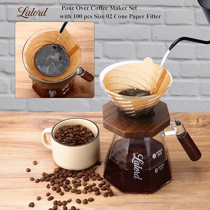Pour Over Coffee Maker, 20 oz Borosilicate Glass Set with 100 pcs Paper Filter, Walnut Collar & Glass Lid, Drip Coffee Maker, 1-3 Cups, Clear (B-600 ml Set)