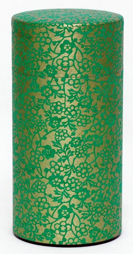 Washi Paper Tea Tin Canister: Long 7oz (200g) Green and gold Flower & Ivy (#81), Japan