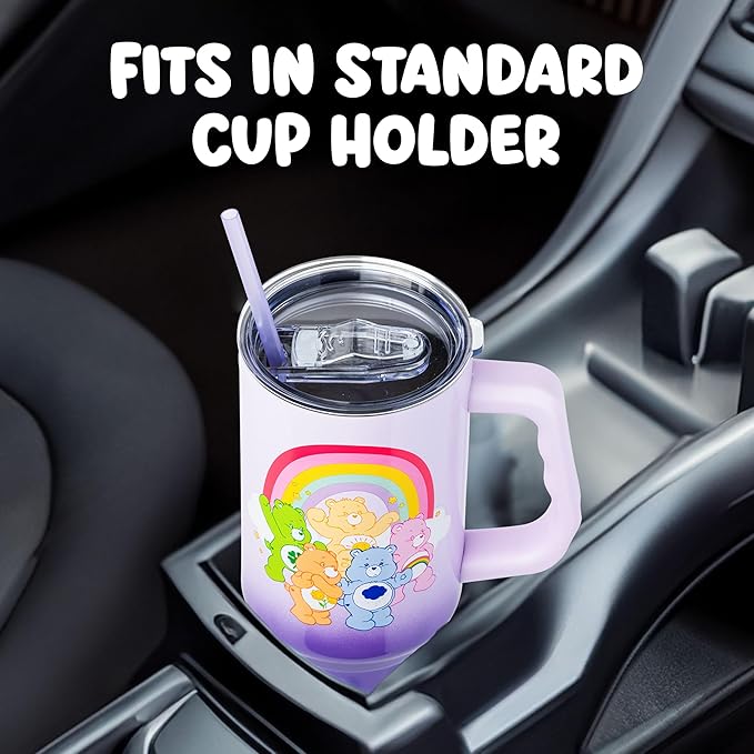 Silver Buffalo Care Bears Rainbow Featuring Funshine, Cheer, Grumpy, Friend, and Good Luck Bear Double Walled Stainless Steel Tumbler with Handle and Straw, Fits in Standard Cup Holder, 40 Ounces