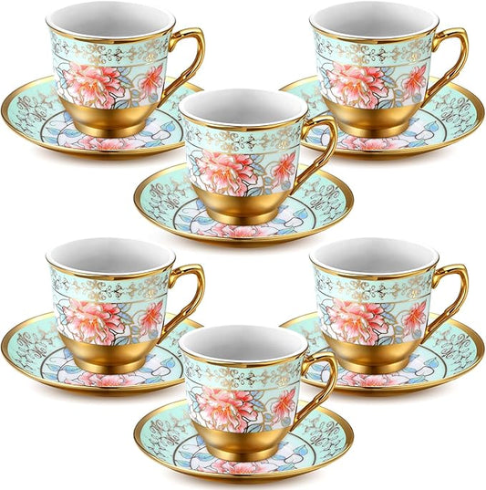 Vintage Floral Tea Cups and Saucers Set of 6 (3 Oz), Porcelain Tea Cup Sets Assorted Colors with Gift Box for Cappuccino, Macchiato, Birthday Party Supply(Green)