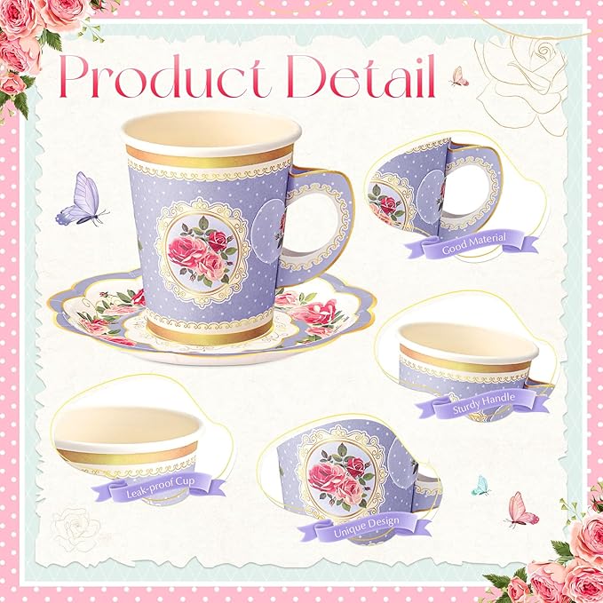 Tioncy 100 Pcs Tea Party Decorations Include 50 Pieces 9 oz Paper Tea Cups with Handle and 50 Plates Disposable Teacups and Saucers Sets for Birthday Baby Shower(5 Colors)