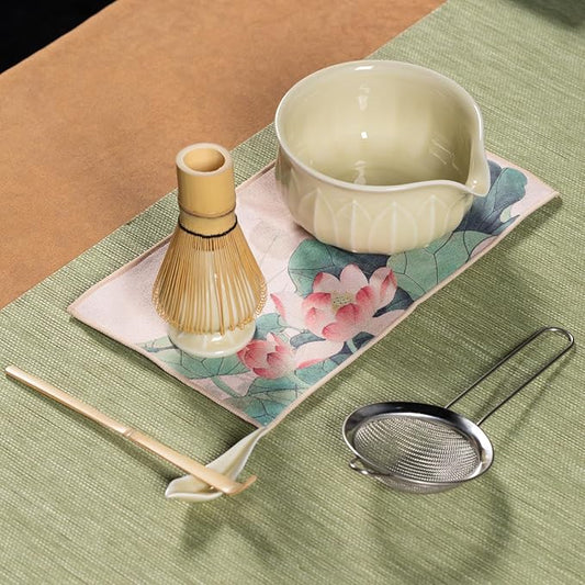 ZentButCool Matcha Set Includes Ceramic Matcha Bowl, Bamboo Whisk (Chasen), Scoop, Stainless Steel Matcha Sifter, And Whisk Holder (Off - White)